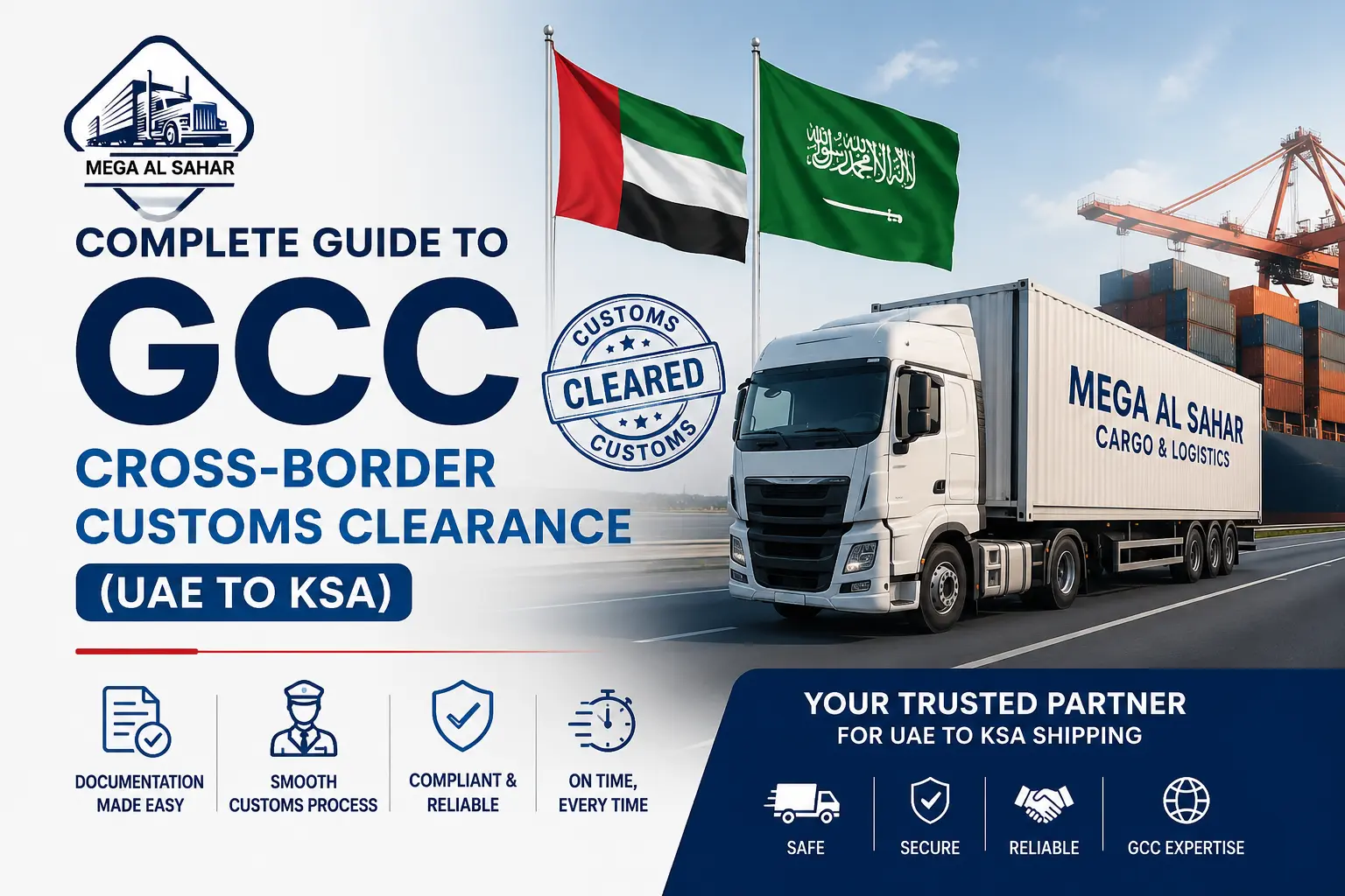 Truck crossing Al Ghuwaifat Al Batha border UAE Saudi Arabia, SABER certificate customs clearance documents Saudi Arabia, Customs clearance process flowchart UAE to KSA cargo, ATA Carnet temporary import document GCC, GCC Customs Clearance UAE to Saudi Arabia
